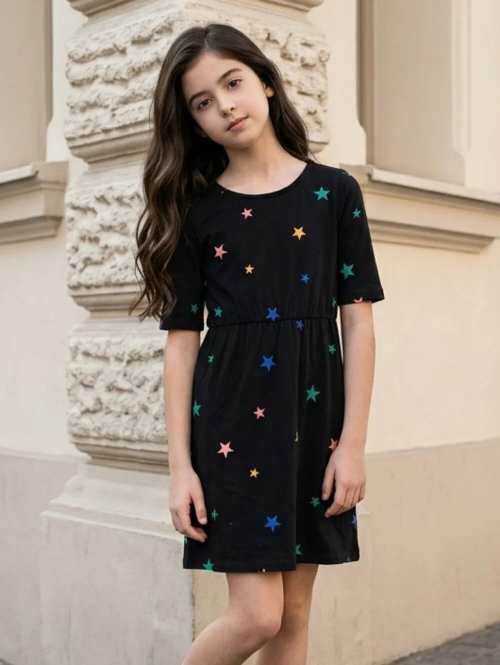 Old Navy Star Print Dress Girls Large 10/12 Black Skater Fit & Flare Casual Cool
